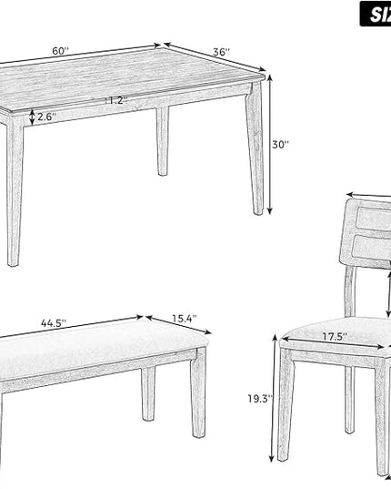6-Piece Kitchen Dining Room Table Set with 4 Upholstered Chairs & Bench, Classic and Traditional Style, Natural Wood Wash, 60''L x 36''W x 30''H - LeafyLoom