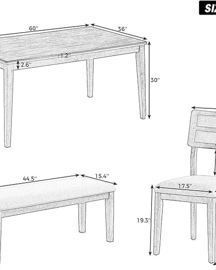 Classic and Traditional Style 6-Piece Dining Room Sets, includes 1 Table, 4 Upholstered Chairs & 1 Bench (Natural Wood Wash), 60" L x 36" W x 30" H - LeafyLoom