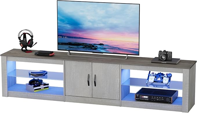 Bestier 80 Inch TV Stand for Large TVs 55/65/75/85/ inch, LED Entertainment Center with Two Cabinets, Adjustable Glass Shelves ＆ Cable Management, Gaming Tv Console for Living Room, Wash White - LeafyLoom