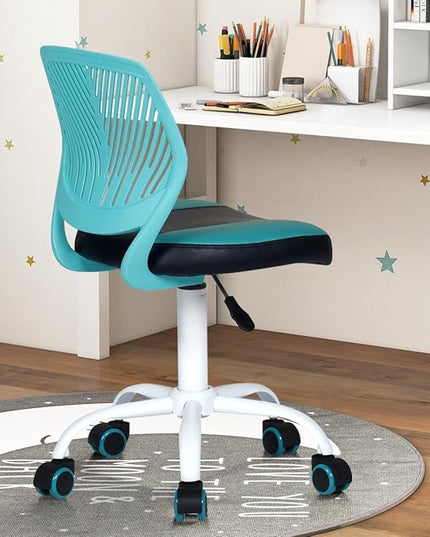FurnitureR Desk Chair Small Study Chairs Armless for Child Kids Teens, Swivel Rolling Lightweight Task Chair with Wheels and Pu Leather Padded Cushion, Green/Black - LeafyLoom