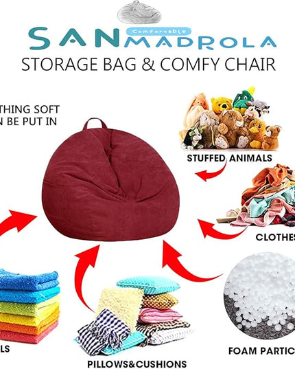 Stuffed Animal Storage Bean Bag Chair Cover (No Filler) for Kids and Adults.Soft Premium Corduroy Stuffable Beanbag for Organizing Children Plush Toys or Memory Foam Large 300L (WineRed) - LeafyLoom