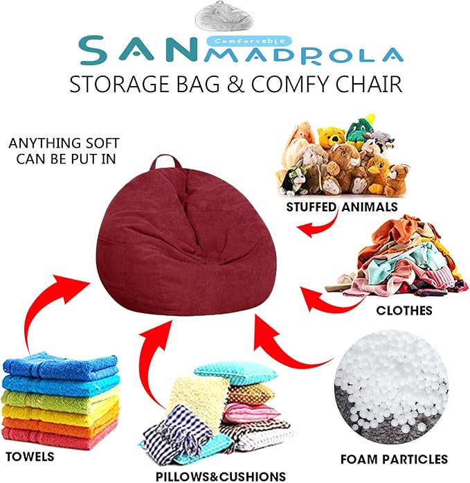 Stuffed Animal Storage Bean Bag Chair Cover (No Filler) for Kids and Adults.Soft Premium Corduroy Stuffable Beanbag for Organizing Children Plush Toys or Memory Foam Large 300L (WineRed) - LeafyLoom