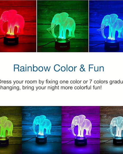 Elephant 3D Lamp Toys for Boys Girls Room, Night Light Bedside Decor Gifts for Kids Baby, 7 Colors Changing Nightlight with Smart Control - LeafyLoom