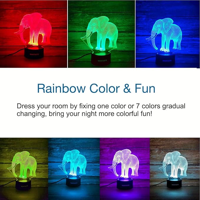 Elephant 3D Lamp Toys for Boys Girls Room, Night Light Bedside Decor Gifts for Kids Baby, 7 Colors Changing Nightlight with Smart Control - LeafyLoom