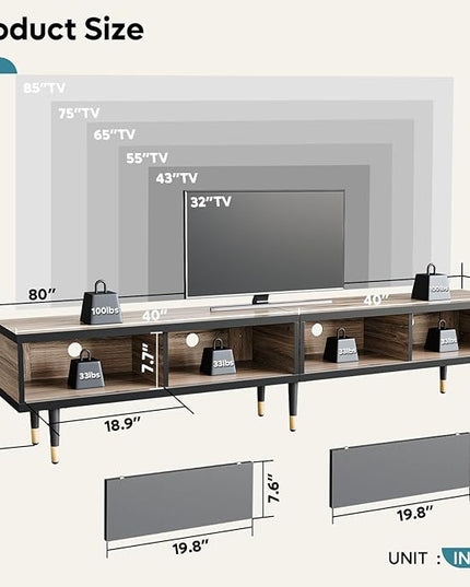 Bestier Mid Century Modern TV Stand for 85 inch tv, Entertainment Center with Storage and Sliding Doors, 2 in 1 Long TV Cabinet for Living Room, Pinewood - LeafyLoom
