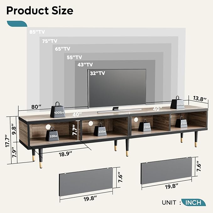 Bestier Mid Century Modern TV Stand for 85 inch tv, Entertainment Center with Storage and Sliding Doors, 2 in 1 Long TV Cabinet for Living Room, Pinewood - LeafyLoom