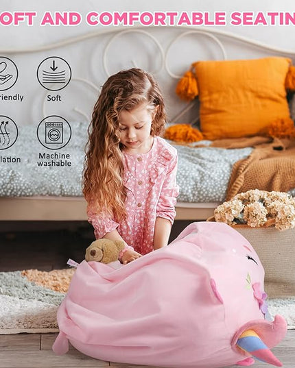 GAGAKU Stuffed Animal Bean Bag Cover Toy Storage, 24 Inches Kids Bean Bag Chair Cover ONLY Pink Unicorn Large Zipper Bean Bag for Organizing Kids Plush Toys Home Supplies (Cover Only) - LeafyLoom