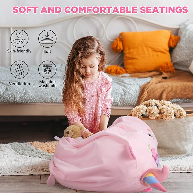 GAGAKU Stuffed Animal Bean Bag Cover Toy Storage, 24 Inches Kids Bean Bag Chair Cover ONLY Pink Unicorn Large Zipper Bean Bag for Organizing Kids Plush Toys Home Supplies (Cover Only) - LeafyLoom