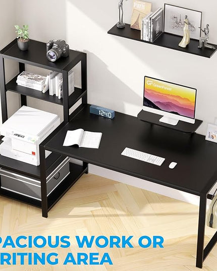 GreenForest Computer Desk 67 inch with Storage Printer Shelf, Reversible Gaming Home Office Desk Large Study Writing Table with Movable Monitor Stand and 2 Headphone Hooks for PC Working, Black - LeafyLoom