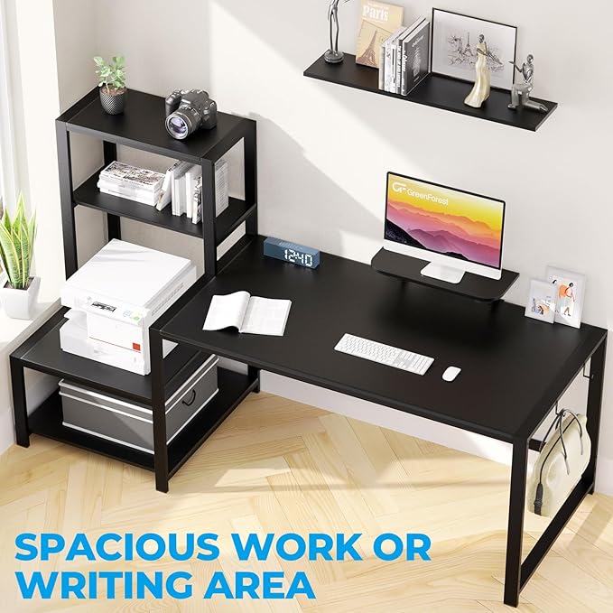 GreenForest Computer Desk 67 inch with Storage Printer Shelf, Reversible Gaming Home Office Desk Large Study Writing Table with Movable Monitor Stand and 2 Headphone Hooks for PC Working, Black - LeafyLoom