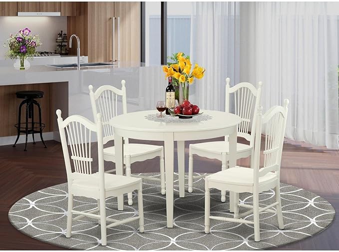 East West Furniture Boston 5 Piece Dinette Set for 4 Includes a Round Room Table and 4 Kitchen Dining Chairs, 42x42 Inch, Linen White - LeafyLoom