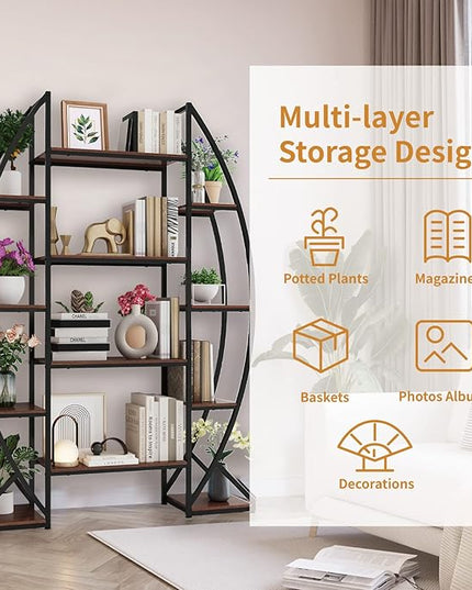Large Oval Bookshelf, 70“ Tall Open 5 Tier Industrial Bookcases, Modern Etagere Bookcase Furniture, Wall Units for Living Room, Bookshelves Display Shelves for Office - LeafyLoom