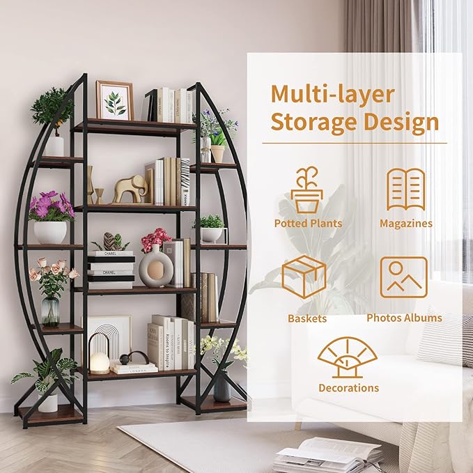 Large Oval Bookshelf, 70“ Tall Open 5 Tier Industrial Bookcases, Modern Etagere Bookcase Furniture, Wall Units for Living Room, Bookshelves Display Shelves for Office - LeafyLoom