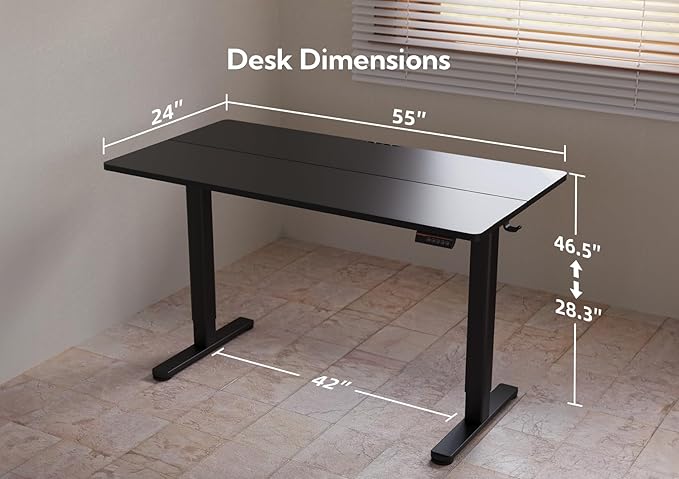 Electric Standing Desk, Adjustable Height Stand up Desk, 55x24 Inches Sit Stand Home Office Desk with Splice Board,Black Top - LeafyLoom