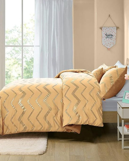 Yellow Gold Comforter Set Queen Size Metallic Bedding Set for Girls Lightweight Microfiber Comforter Set,4 Piece (2 Matching Sham + 1 Decorative Pillow) - LeafyLoom