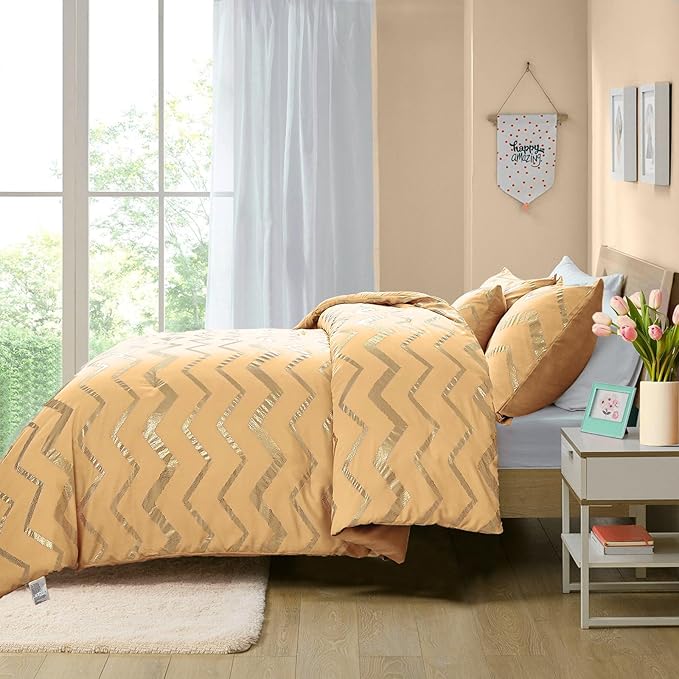 Yellow Gold Comforter Set Queen Size Metallic Bedding Set for Girls Lightweight Microfiber Comforter Set,4 Piece (2 Matching Sham + 1 Decorative Pillow) - LeafyLoom