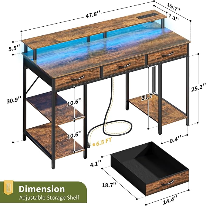 Yoobure Computer Desk with Drawers, Office Desk with LED Lights & Outlets, Small Desk with Storage Shelves, Gaming Desk 48" Home Office Desks with Monitor Stand, Writing Desk for Bedroom Small Spaces - LeafyLoom