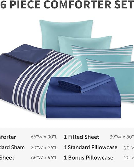 Comfort Spaces Twin XL Comforter Sets with Sheets - Bed in a Bag 6 Pieces Teen Bedding Sets Twin XL, Navy and Grey Stripes Bedding, College Twin Bed Set, 2 Side Pocket Bedroom Organizer Twin XL Navy - LeafyLoom