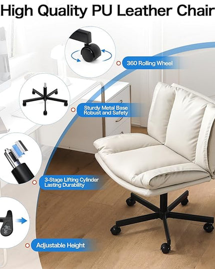 LEAGOO Armless Desk Chair, Office Chair with Wheels, PU-Leather Desk Chair, Modern Swivel Height Adjustable Office Chair with Wide Seat for Home, Office, Make Up, Bed Room - Beige - LeafyLoom