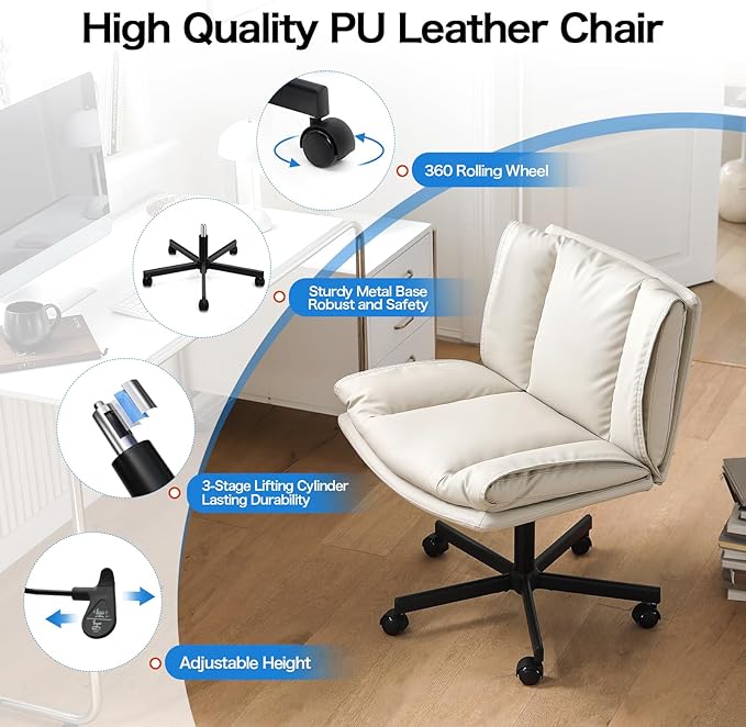 LEAGOO Armless Desk Chair, Office Chair with Wheels, PU-Leather Desk Chair, Modern Swivel Height Adjustable Office Chair with Wide Seat for Home, Office, Make Up, Bed Room - Beige - LeafyLoom