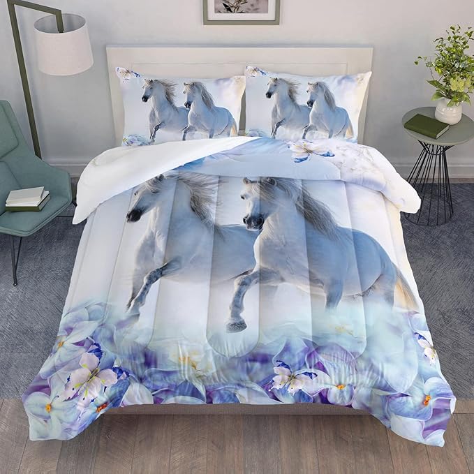 Kid Galloping Horse Comforter Set Floral Butterfly Horse Bedding Set for Boys Girls Adult, 1 Comforter + 2 Pillowcases - LeafyLoom