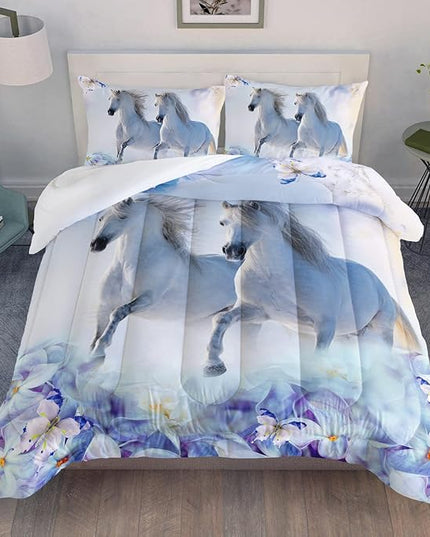 Kid Galloping Horse Comforter Set Floral Butterfly Horse Bedding Set for Boys Girls Adult, 1 Comforter + 2 Pillowcases - LeafyLoom