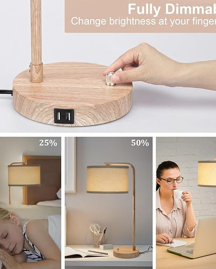 Farmhouse Table Lamp, Fully Dimmable Bedisde Lamp with Dual USB Charging Ports, Modern Nightstand Lamp, Tall Table Lamp Desk Reading Lamp for Living Room, Bedroom, Office, 9W LED Bulb Included - LeafyLoom