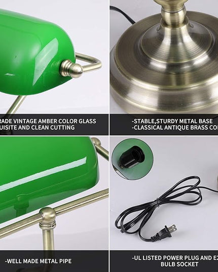 Green Glass Bankers Desk Lamp,Vintage Desk Lamp Touch Control, 3 Way Dimmable Table Lamp with USB Charging Port, Mid Century Banker's Desk Lamp for Home Office Library Antique Brass - LeafyLoom