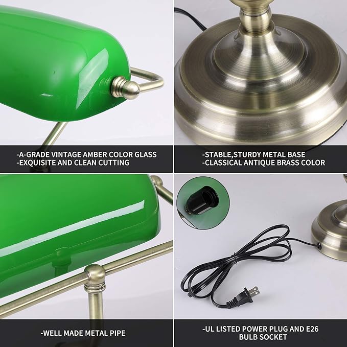 Green Glass Bankers Desk Lamp,Vintage Desk Lamp Touch Control, 3 Way Dimmable Table Lamp with USB Charging Port, Mid Century Banker's Desk Lamp for Home Office Library Antique Brass - LeafyLoom