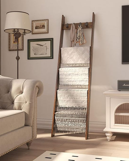 IBUYKE 5-Tier Blanket Ladder Shelf,Ladder Rack for Storage and Decor,Wooden Blanket Holder with Hooks,Easy Assembly for Bedroom,Rustic Brown TTR006H - LeafyLoom