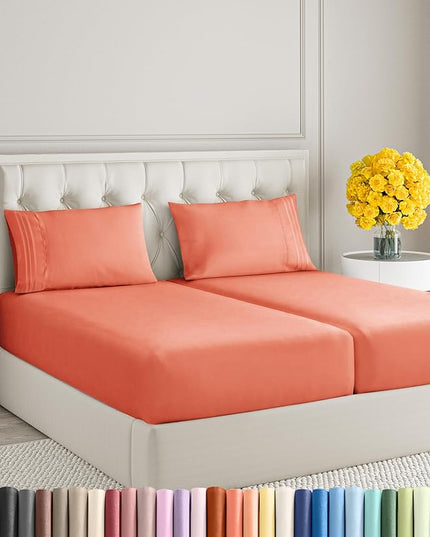 Split King Size 5 Piece Sheet Set - Comfy Breathable & Cooling Sheets - Hotel Luxury Bed Sheets for Women & Men - Deep Pockets, Easy-Fit, Soft & Wrinkle Free Sheets - Coral Oeko-Tex Bed Sheet Set - LeafyLoom