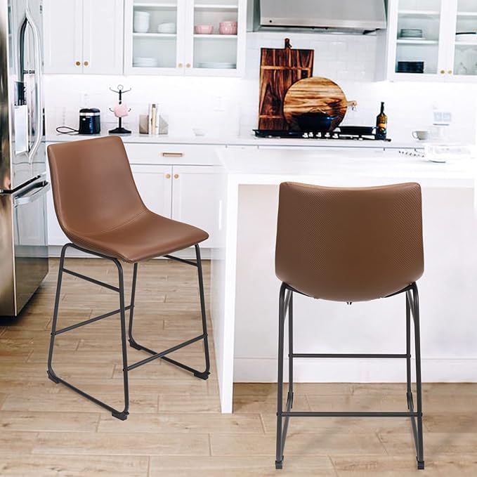 Bar Stools Set of 2, 26 Inches Bar Stool with Back, Carbon Fiber Bar Chair with Metal Legs (Brown) - LeafyLoom