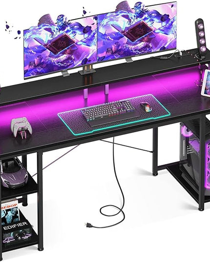 ODK 63 inch Computer Desk with Power Outlets & LED Lights, Gaming Desk with Monitor Stand & Storage Sheves, Home Office Desk, Black - LeafyLoom