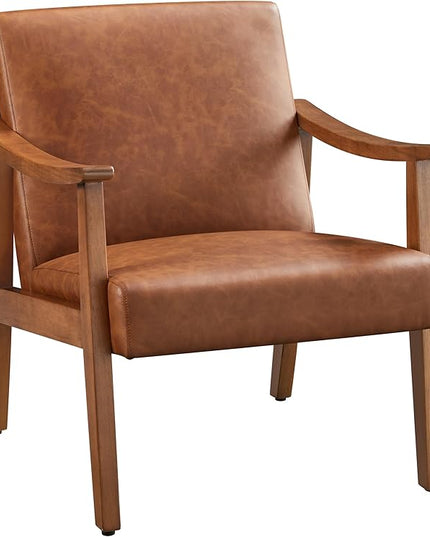 Yaheetech PU Leather Accent Chair, Mid-Century Modern Armchair with Solid Wood Legs, Reading Leisure Chair with High Back for Living Room Bedroom Waiting Room, Light Brown - LeafyLoom