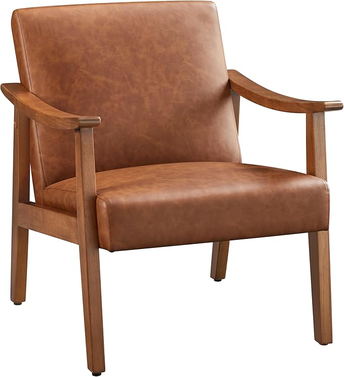 Yaheetech PU Leather Accent Chair, Mid-Century Modern Armchair with Solid Wood Legs, Reading Leisure Chair with High Back for Living Room Bedroom Waiting Room, Light Brown - LeafyLoom