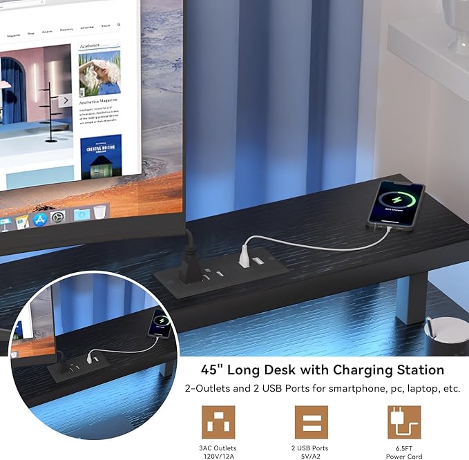 Computer Desk with Drawer and Power Outlets, Gaming Desk with LED Light, Work Desk with Shelves and PC Stand for Home Office (Black) - LeafyLoom