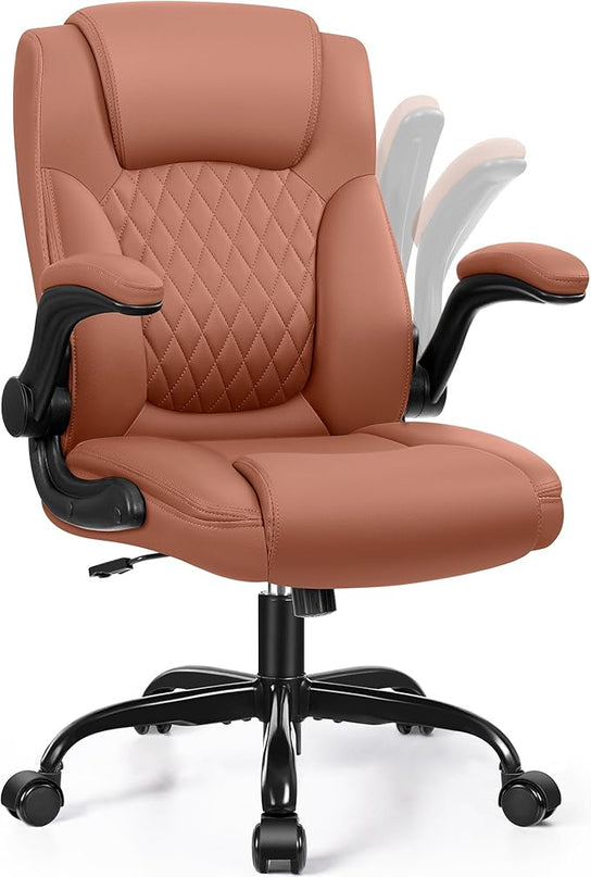 Leather Office Chair, PU Home Computer Desk Chairs with Ergonomic Back Support, 360°Swivel Free，Small Gmaing Chair with Wheels and Adjustable Armrests, for Short People Use, Brown - LeafyLoom