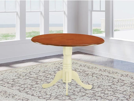 East West Furniture DLT-BMK-TP Dublin Modern Kitchen Table - a Round Dining Table Top with Dropleaf & Pedestal Base, 42x42 Inch, Buttermilk & Cherry - LeafyLoom