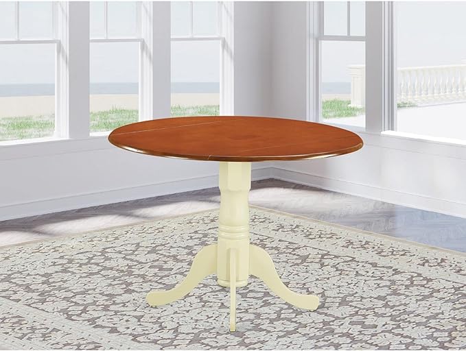East West Furniture DLT-BMK-TP Dublin Modern Kitchen Table - a Round Dining Table Top with Dropleaf & Pedestal Base, 42x42 Inch, Buttermilk & Cherry - LeafyLoom