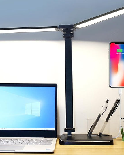 Desk Lamp, Dual Head Desk Light, 5 Lighting Colors & 10 Brightness Reading Light, LED Desk Lamp for Home Office, Table Lamp for Bedroom Desktop, Study, Craft (Black, with Adapter) - LeafyLoom
