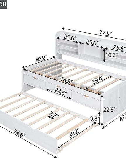 Twin Size Captain Bed with 3 Storage Drawers and Trundle, Wood Twin Bed Frame with Built-in Bookshelves for Kids Teens Adults, White Wash - LeafyLoom