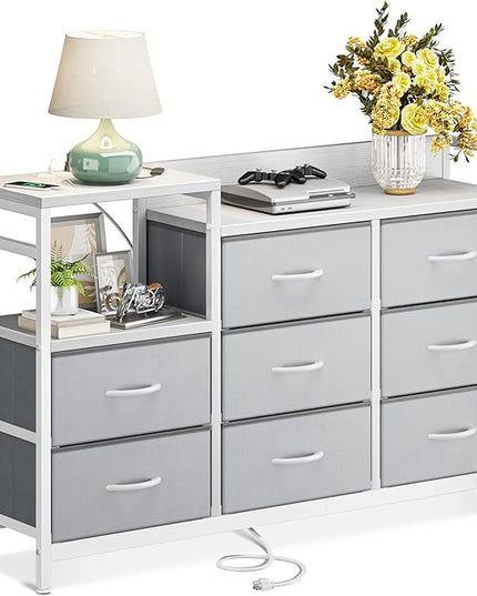 ODK Dresser with Charging Station, 52-Inch Long Dresser TV Stand for Bedroom, Large Dresser with 8 Storage Drawers, Chest of Drawers Easy-Pull Fabric Dressers for Living Room, White and Light Grey - LeafyLoom