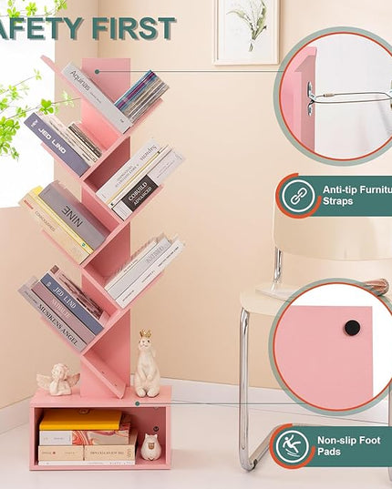 Yoobure Tree Bookshelf - 6 Shelf Retro Floor Standing Bookcase, Tall Wood Book Storage Rack for CDs/Movies/Books, Utility Book Organizer Shelves for Bedroom, Living Room, Home Office Pink - LeafyLoom