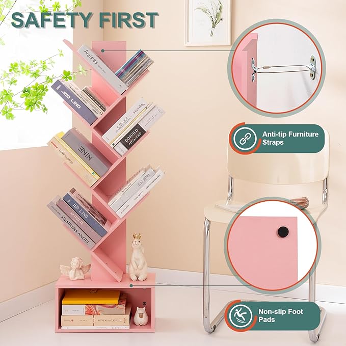 Yoobure Tree Bookshelf - 6 Shelf Retro Floor Standing Bookcase, Tall Wood Book Storage Rack for CDs/Movies/Books, Utility Book Organizer Shelves for Bedroom, Living Room, Home Office Pink - LeafyLoom