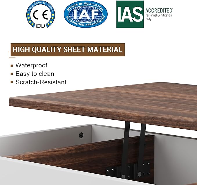 Shintenchi Coffee Table, Lift Top Coffee Table with Hidden Compartment, Rising Tabletop Dining Table, Lift Top Coffee Center Table for for Living Room, Office, Home (Walnut) - LeafyLoom