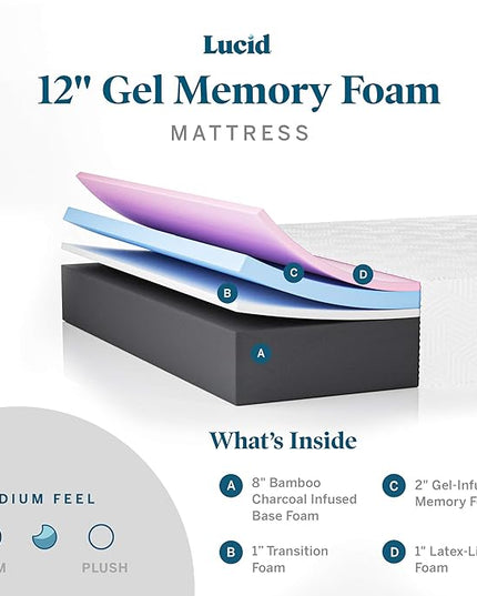 LUCID 12 Inch Memory Foam Mattress - Medium Feel - Memory Foam Infused with Bamboo Charcoal - Gel Infusions - CertiPUR-US Certified - Breathable - King - LeafyLoom