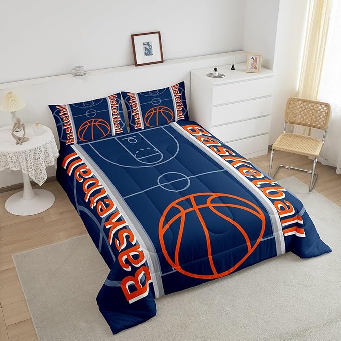 Feelyou Basketball Bedding Set King Size Gaming Sports Comforter Set for Kids Boys Girls Decor Ball Games Comforter Basketball Sports Duvet Set Bedroom Quilt Set - LeafyLoom