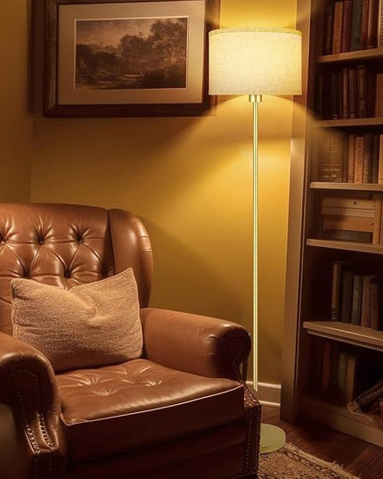 Gold Floor Lamps for Living Room, Bright Standing Lamp with 3 Color Temperatures(9W Bulb), Beige Linen Lampshade, Foot Switch, Simple Reading Floor Lamps Tall Lamps for Bedroom/Office/Den/Classroom - LeafyLoom