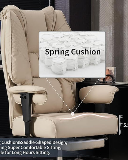 Big and Tall Office Chair 400lbs Wide Seat, Leather High Back Executive Office Chair with Foot Rest, Ergonomic Office Chair Lumbar Support for Lower Back Pain Relief (Beige) - LeafyLoom