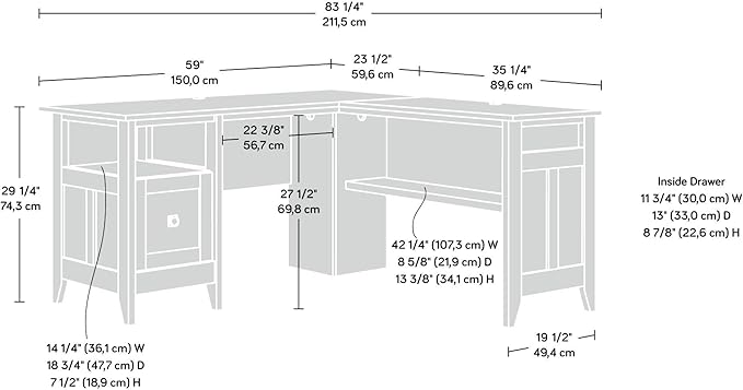 Sauder August Hill L-Shaped Desk, L: 59.06" x W: 58.74" x H: 29.25", Dover Oak finish - LeafyLoom